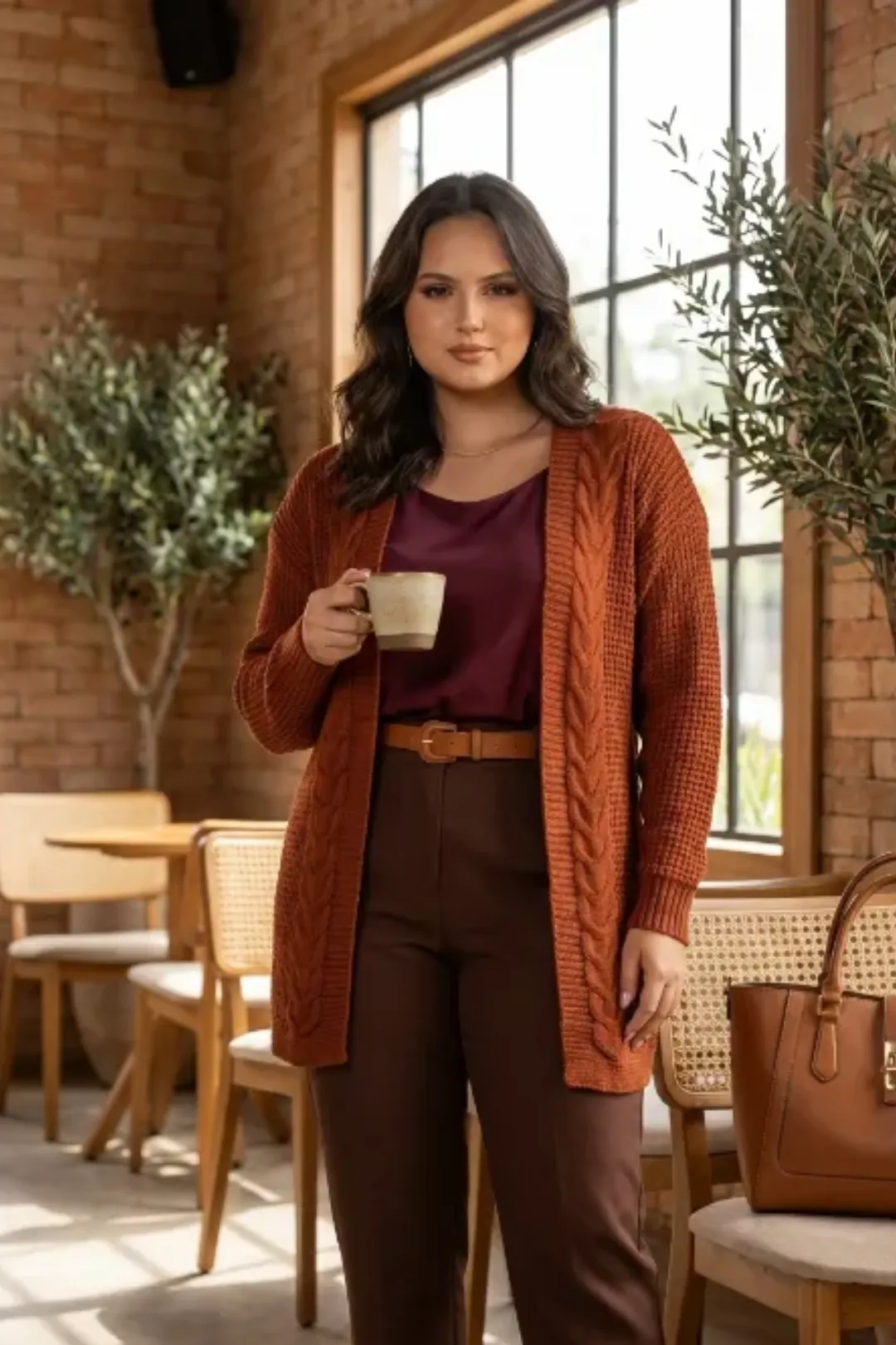 Cardigan feminino parka tricô com capuz e bolso — moda outono inverno