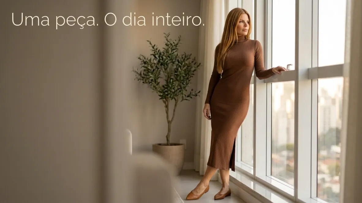 Vestido feminino midi canelado gola alta — elegância sem esforço em qualquer estação