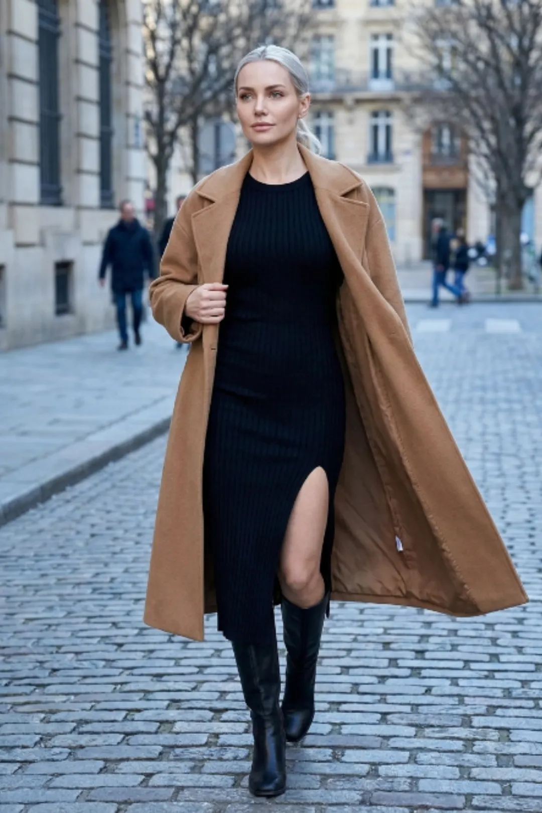 Vestido midi malha canelada manga longa feminino inverno preto — look de inverno com elegância