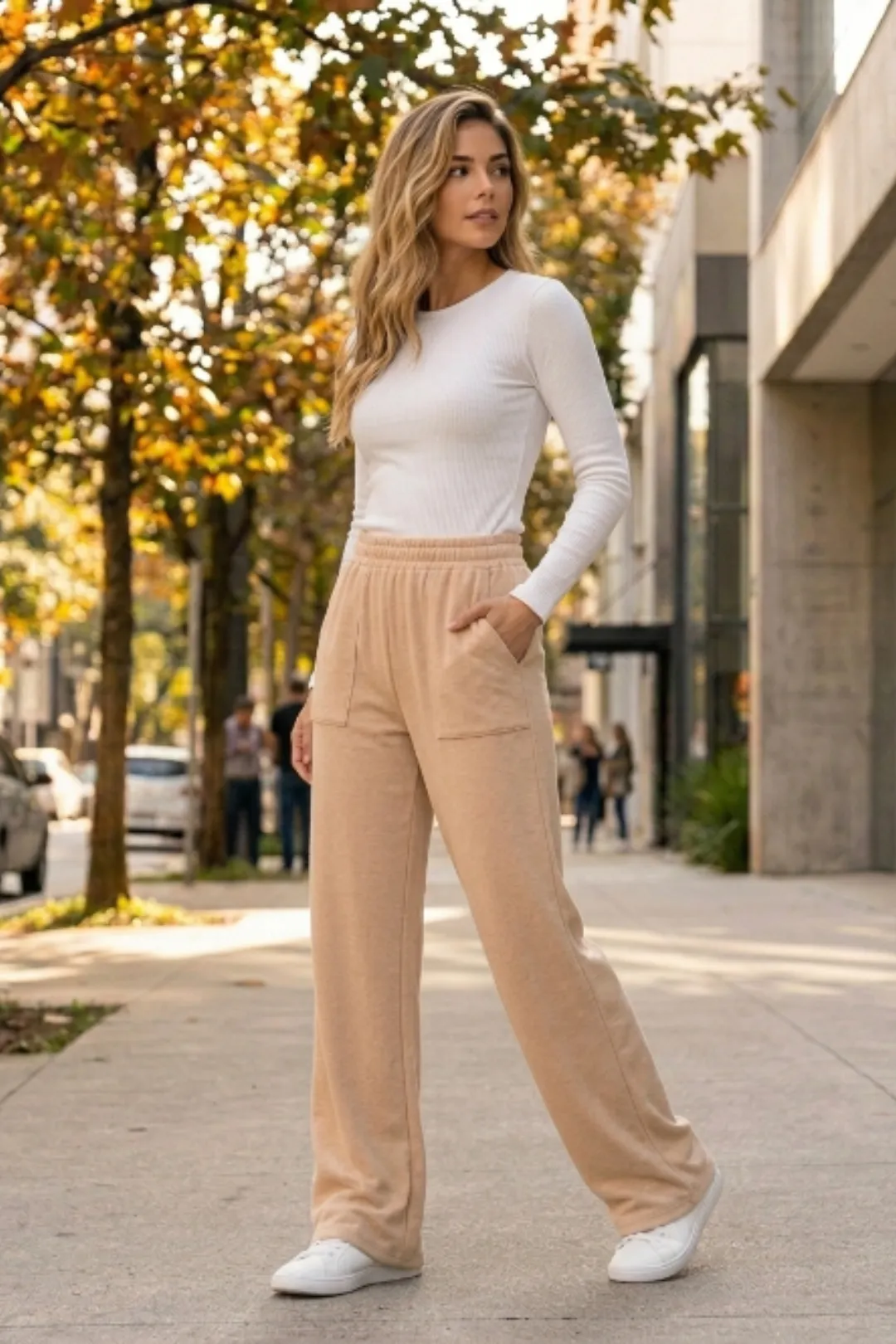 Calça wide leg feminina malha cintura alta moda conforto — look elegante e confortável