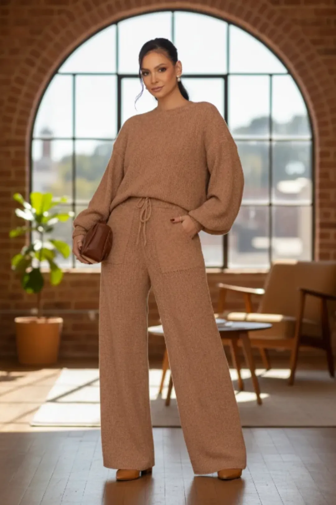 Conjunto tricot feminino calça blusa canelada manga longa moda conforto — produto âncora confort chic